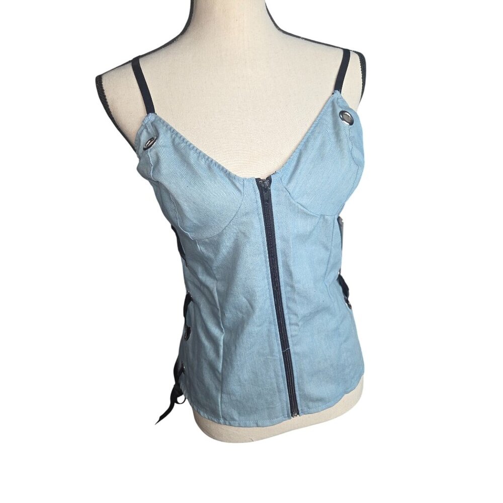 Blue Denim Corset Top*Black Ribbon Lace-Up Sides*Adj Straps*Thong*Sissy*1X*NWT